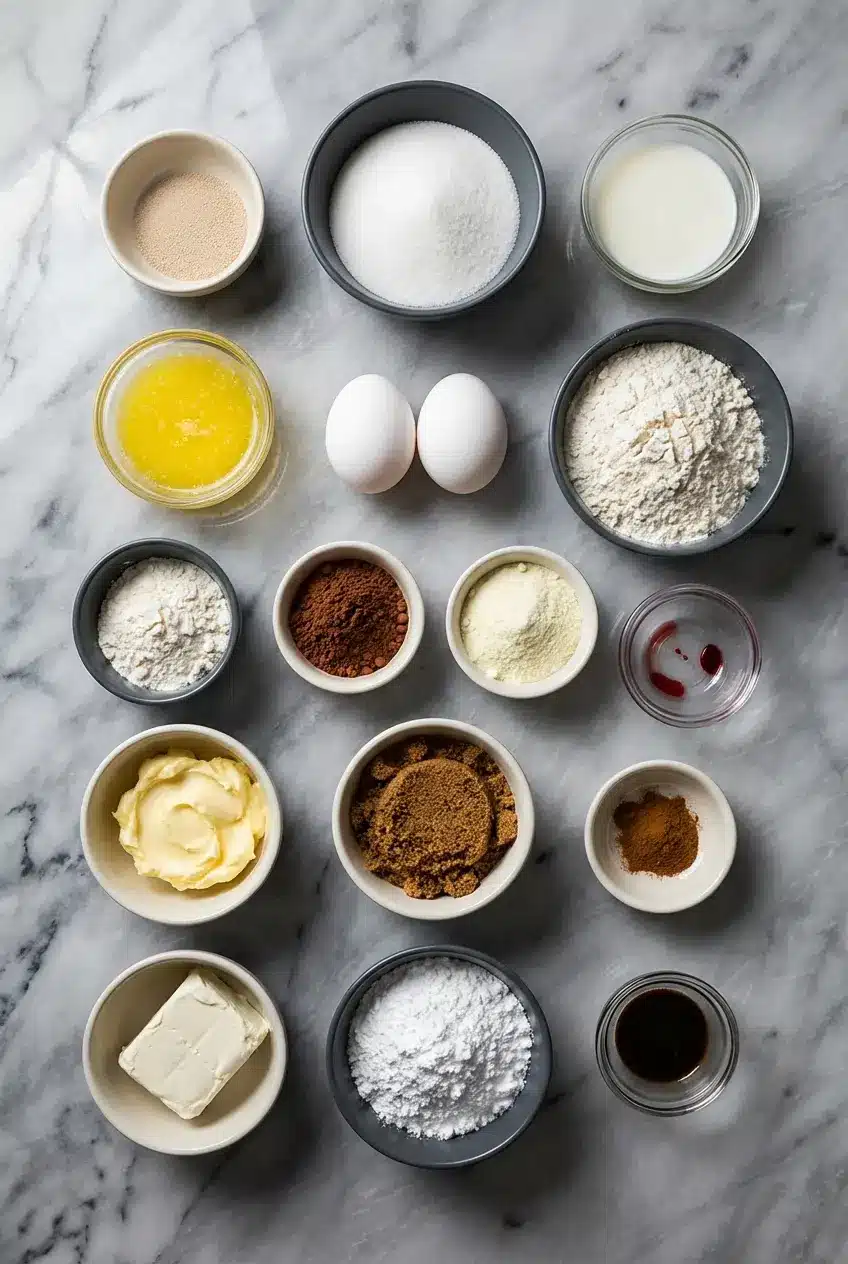 Overhead view of Red Velvet Cinnamon Rolls ingredients like Dutch-process cocoa powder, active dry yeast, and brown sugar.