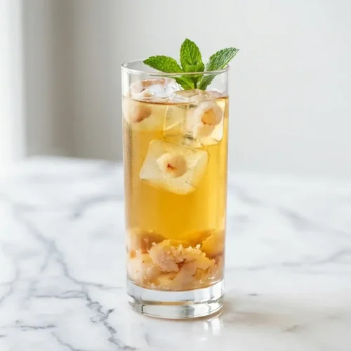 Refreshing Lychee Tea Recipe with muddled lychees, a pinch of sea salt, and lychee-infused ice cubes in a tall glass.