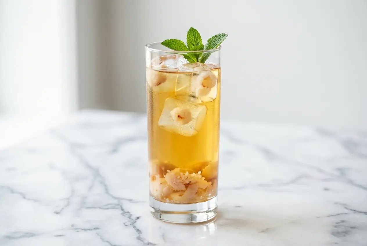 Refreshing Lychee Tea Recipe with muddled lychees, a pinch of sea salt, and lychee-infused ice cubes in a tall glass.