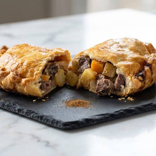 A golden-baked Cornish Pasty with a beautifully crimped, flaky crust, featuring a rich and savory beef and vegetable filling.