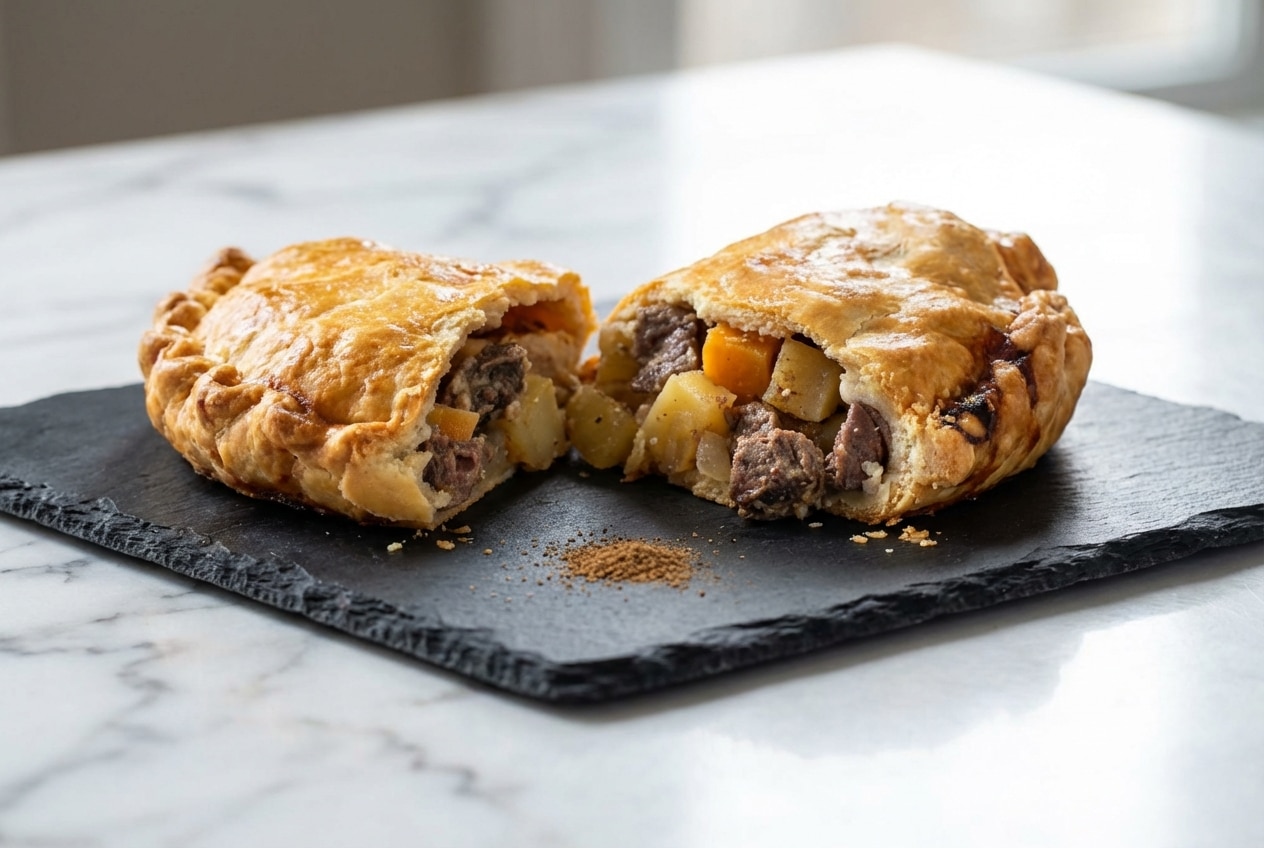A golden-baked Cornish Pasty with a beautifully crimped, flaky crust, featuring a rich and savory beef and vegetable filling.