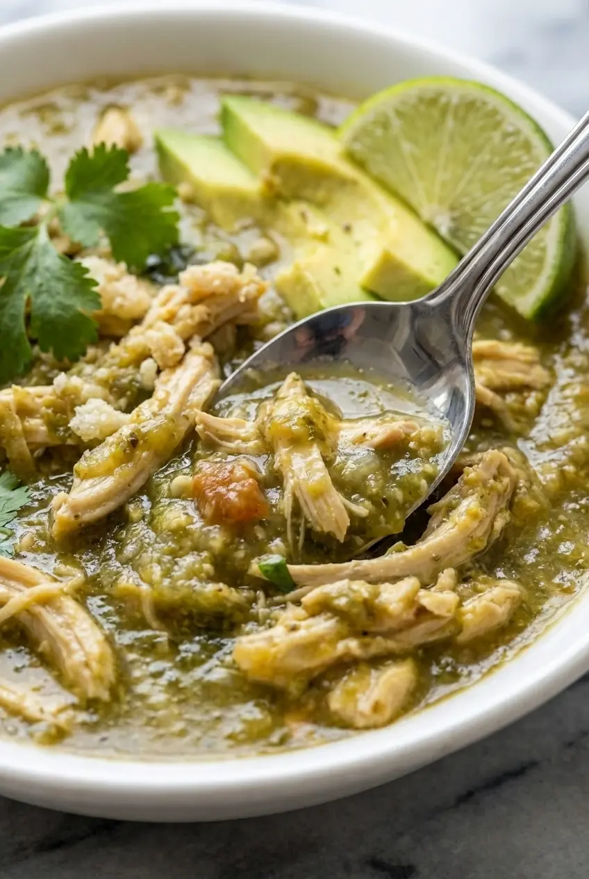 Using an immersion blender to create the fat-bomb emulsion for Keto Green Chili Chicken in a Dutch oven.