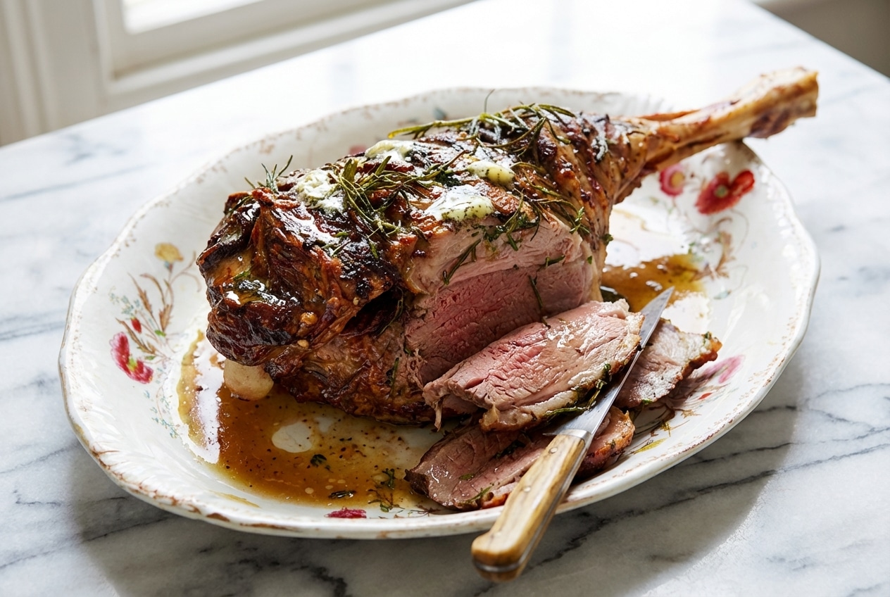 Golden brown roast lamb leg with gravy carved to reveal tender pink meat, seasoned with savory anchovy butter and herbs.