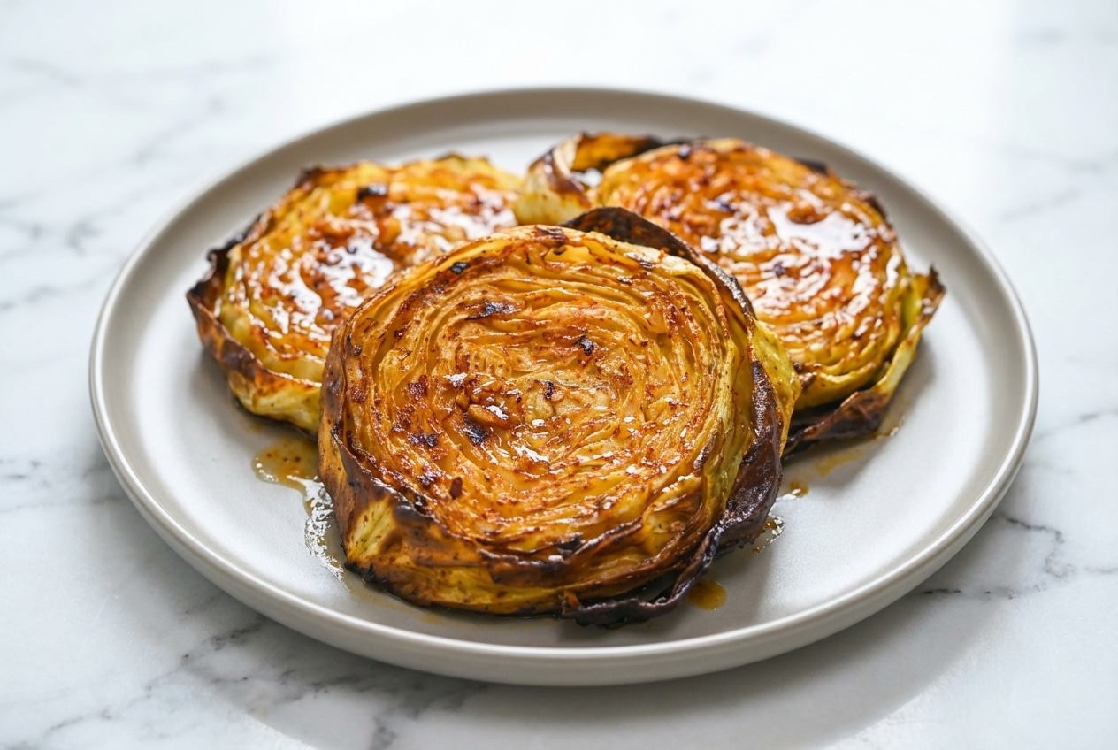 Thick slices of green cabbage brushed with an umami-miso butter glaze, baked until tender for this roasted cabbage steaks recipe.