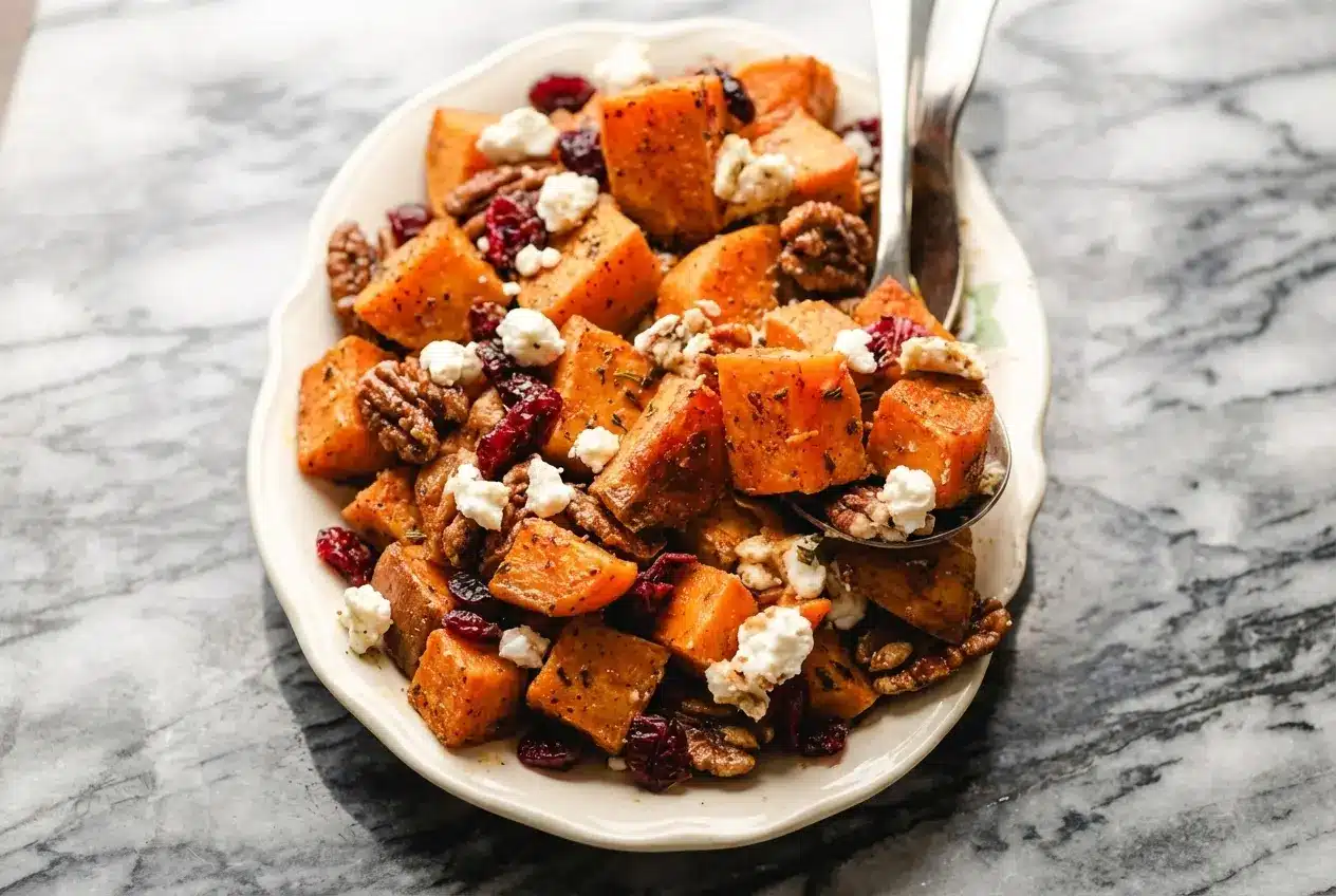Roasted sweet potatoes and goat cheese topped with nutty brown butter and crispy sage leaves.