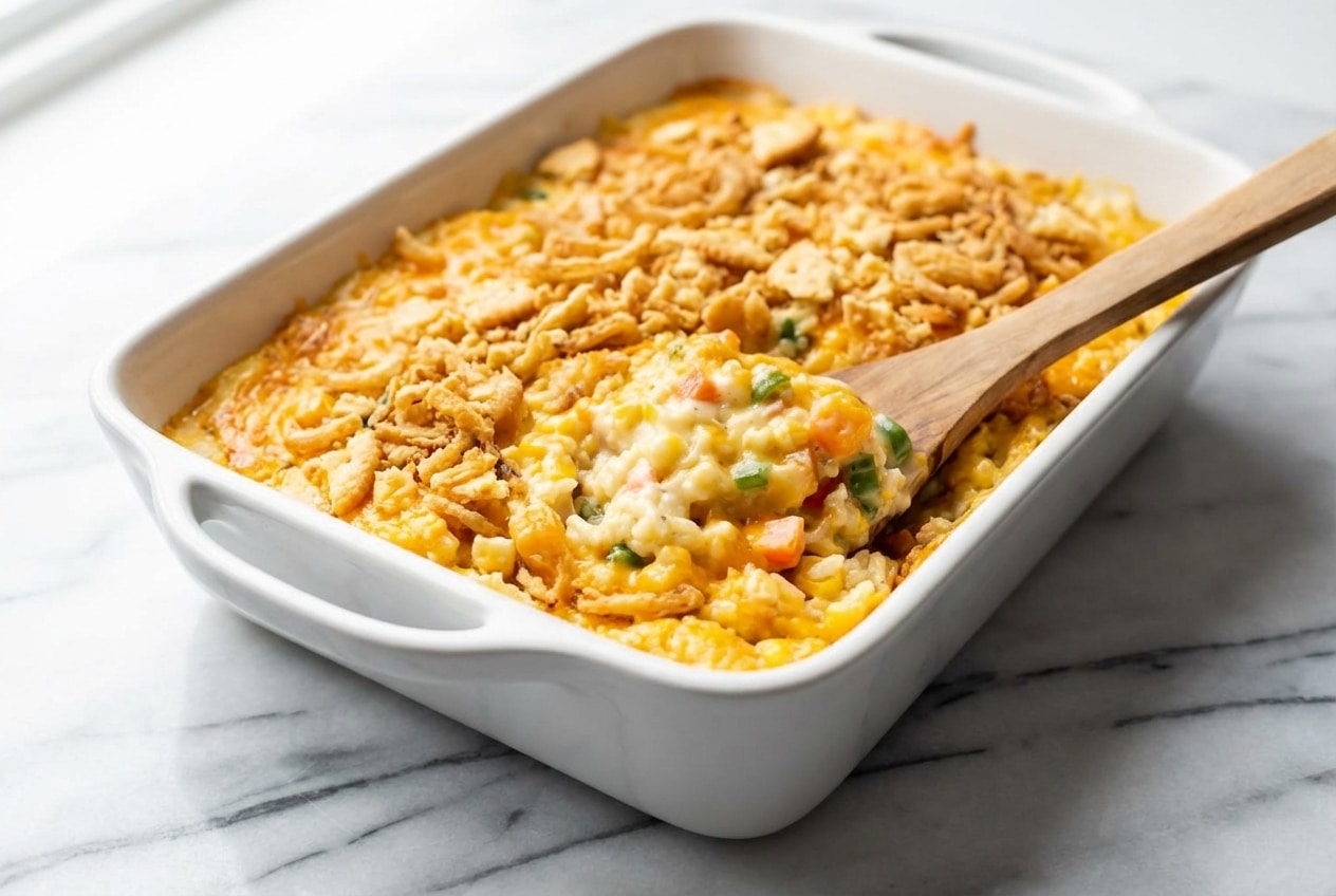 Rotisserie chicken and rice casserole topped with a buttery Ritz cracker and crispy onion crunch.