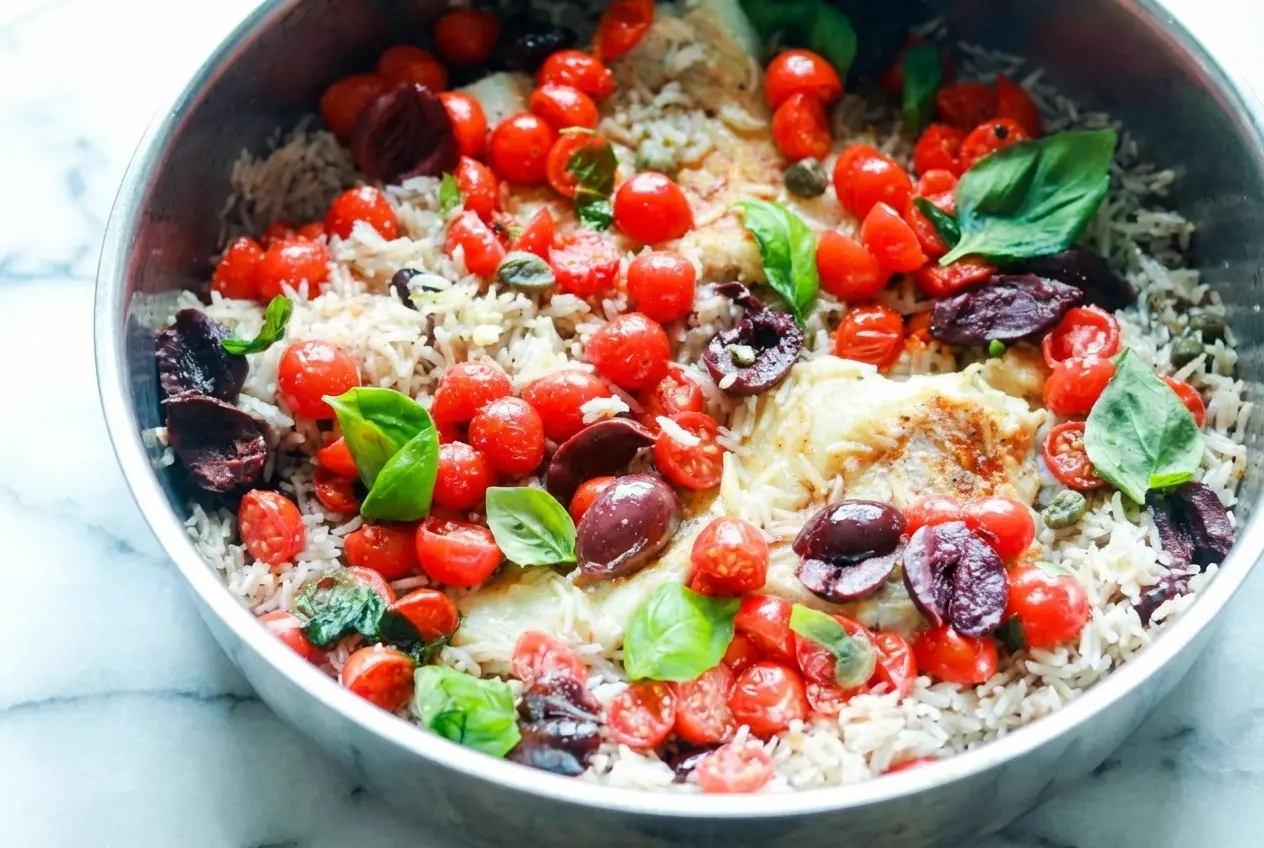 Golden saffron broth and white wine deglaze flavor this flaky rice with fish recipe, garnished with Kalamata olives and capers.