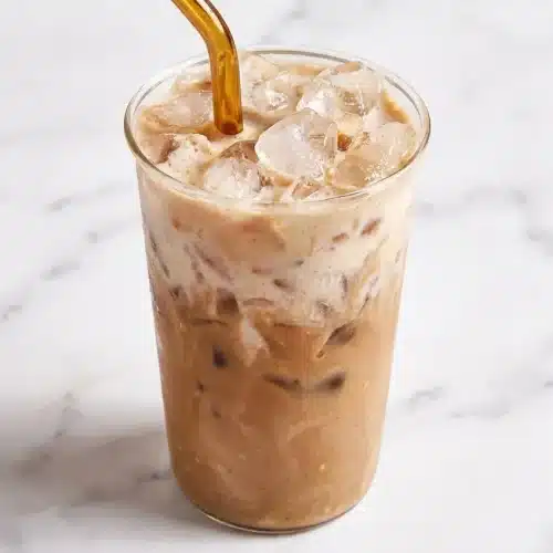 Glass of Banana Iced Coffee topped with caramelized banana slices, rich brown butter syrup, and a pinch of flaky sea salt.
