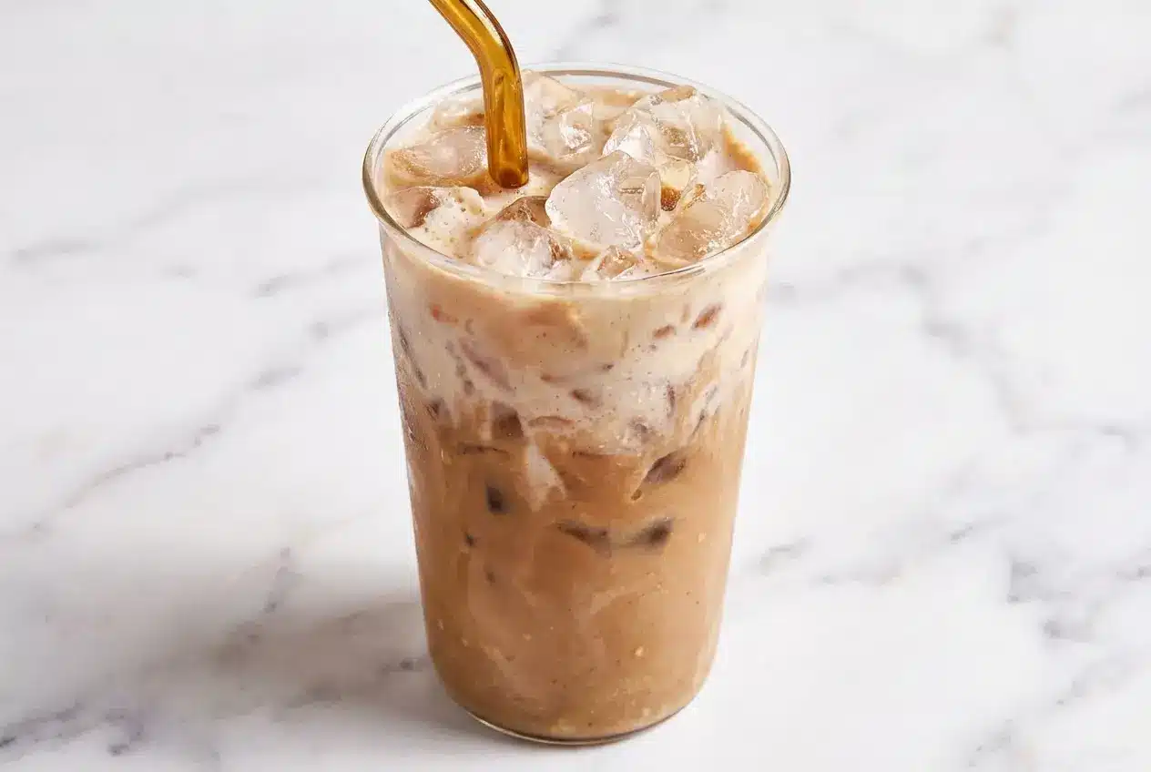 Glass of Banana Iced Coffee topped with caramelized banana slices, rich brown butter syrup, and a pinch of flaky sea salt.