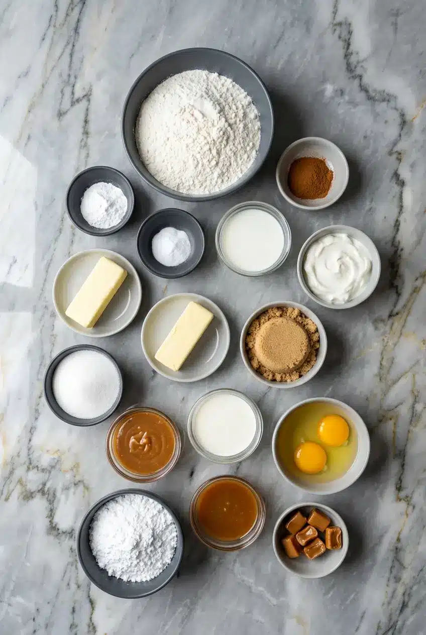 Overhead view of ingredients for salted caramel cupcakes including Maldon sea salt, brown butter, and full-fat sour cream.