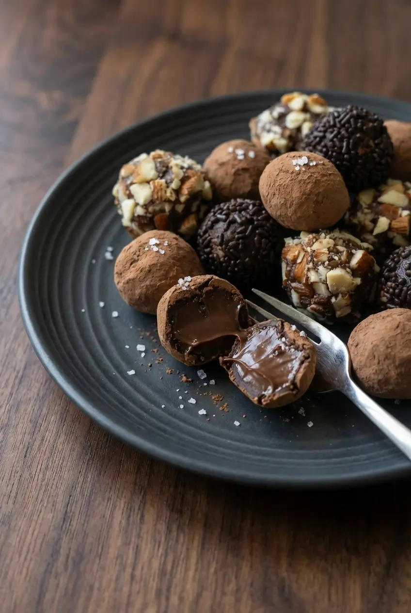 Close-up of smooth chocolate ganache center inside a hand-rolled Salted Caramel Truffle.