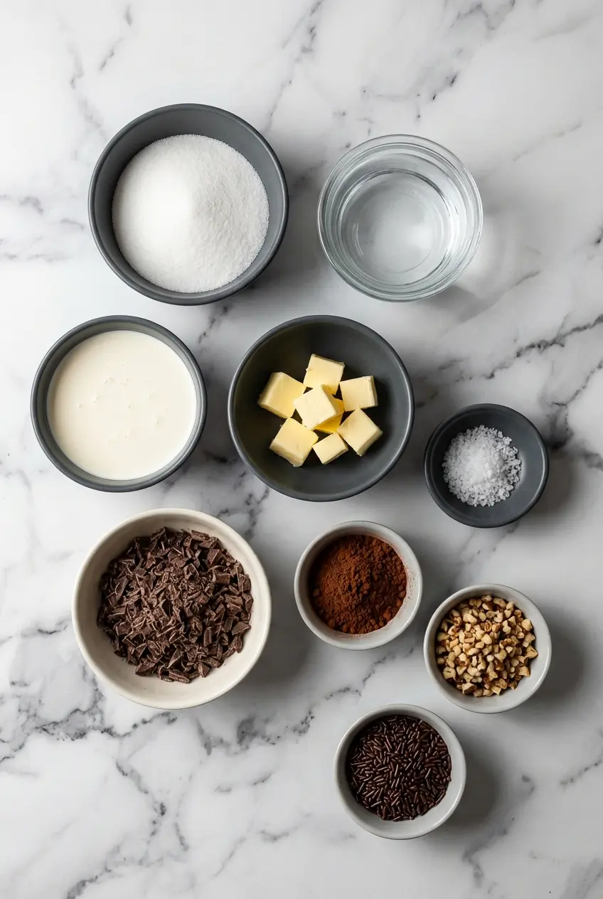 Bittersweet chocolate, heavy cream, and fleur de sel prepared for Salted Caramel Truffles.