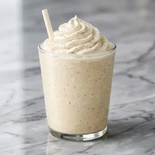 Creamy vanilla bean frappuccino topped with whipped cream, blended with vanilla simple syrup and a pinch of sea salt.
