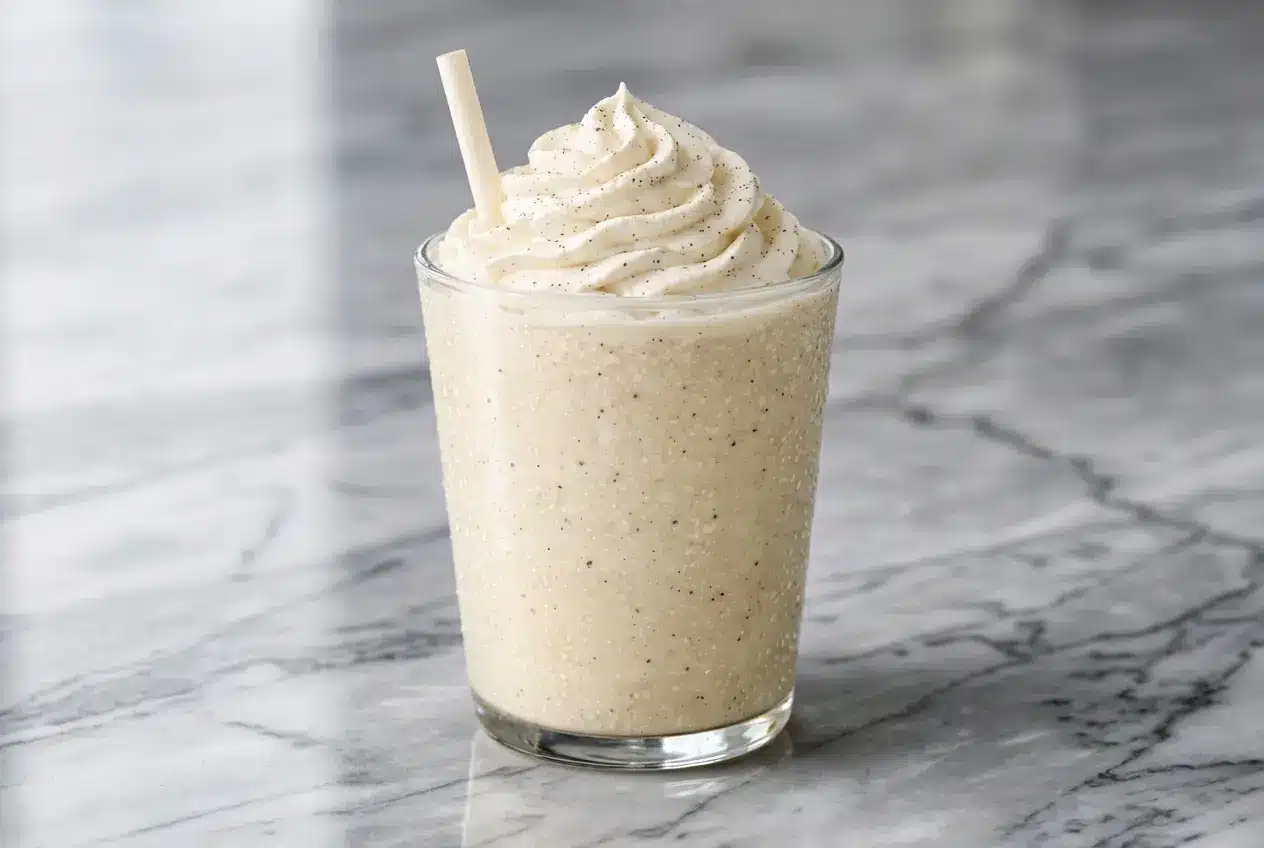 Creamy vanilla bean frappuccino topped with whipped cream, blended with vanilla simple syrup and a pinch of sea salt.