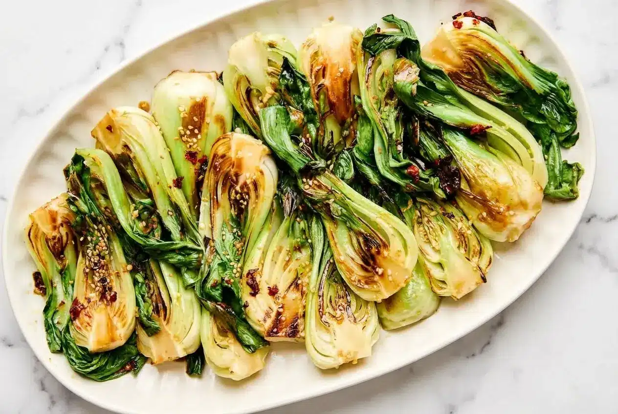 Caramelized baby greens seasoned with black vinegar and white pepper for a savory sauteed bok choy recipe.