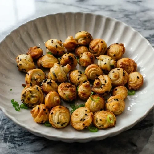 Golden scallion pancake croissant bites with a melty chili cheese center and toasted sesame seeds.