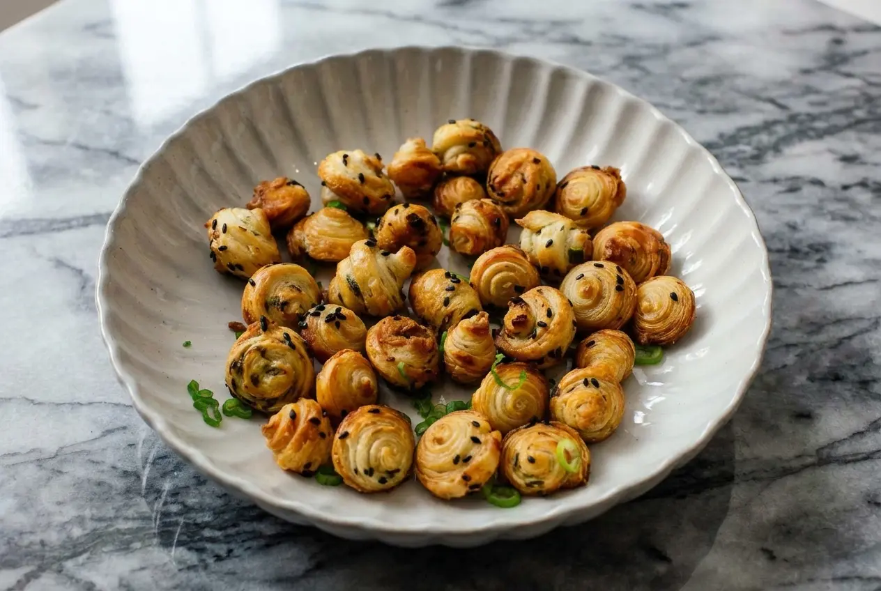 Golden scallion pancake croissant bites with a melty chili cheese center and toasted sesame seeds.