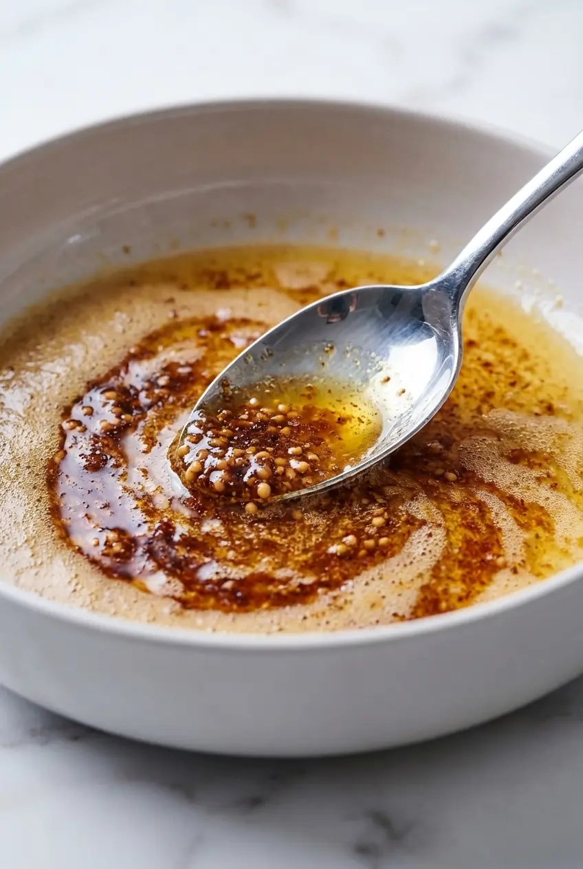 Close up of a beurre noisette recipe showing water evaporation and deep caramelization of milk solids.