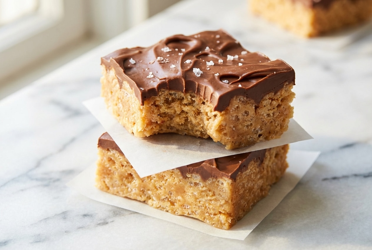 A platter of neatly cut Scotcharoos recipe bars, with a rich chocolate-butterscotch topping finished with a sprinkle of flaky sea salt.