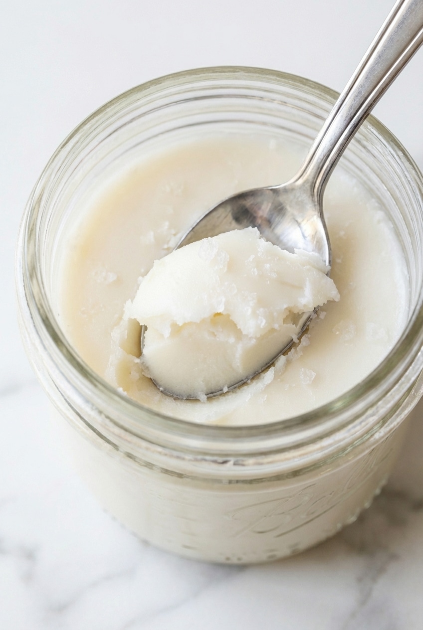 Scraping grey impurities off a cooled block of rendered fat, an essential step in how to make beef tallow.