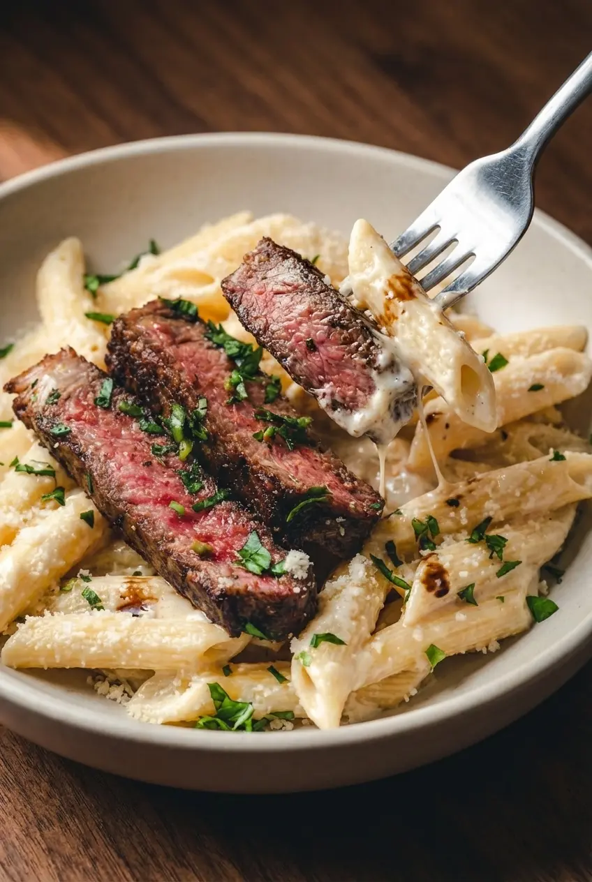 A cast iron skillet searing a ribeye for a steak pasta recipe, leaving a rich fond ready to be deglazed with dry wine.
