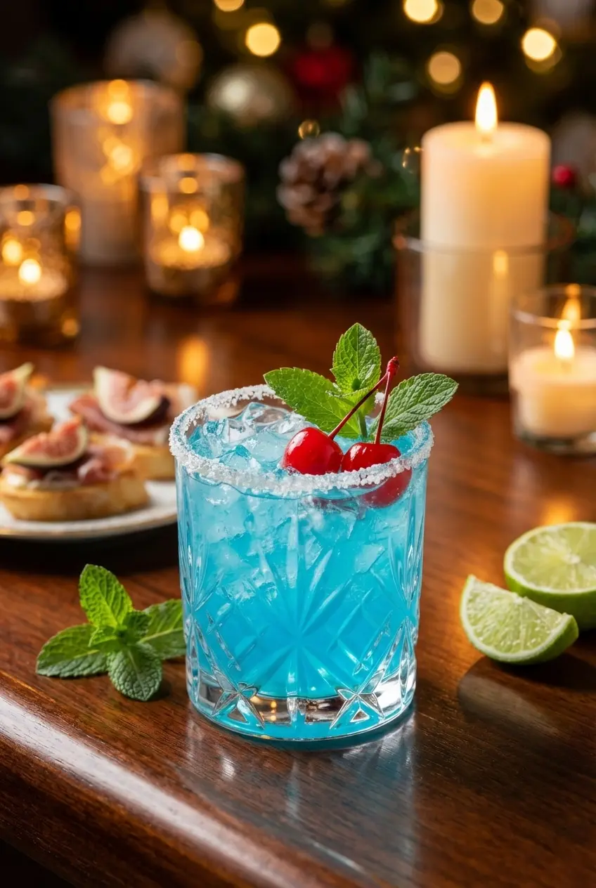 A freshly poured Blue Glacier Cocktail resting on a festive winter table ready to be served to holiday guests.