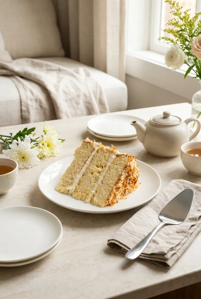 A single slice of Coconut Cake garnished with toasted coconut on a white dessert plate.