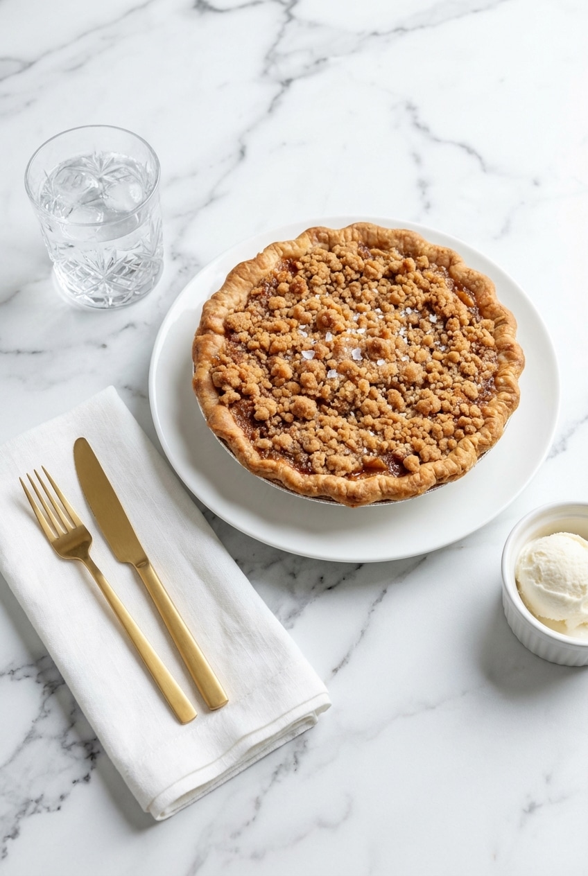 A plated slice of a mock apple pie recipe ready to be served, highlighting the syrup filling and crumbly topping.