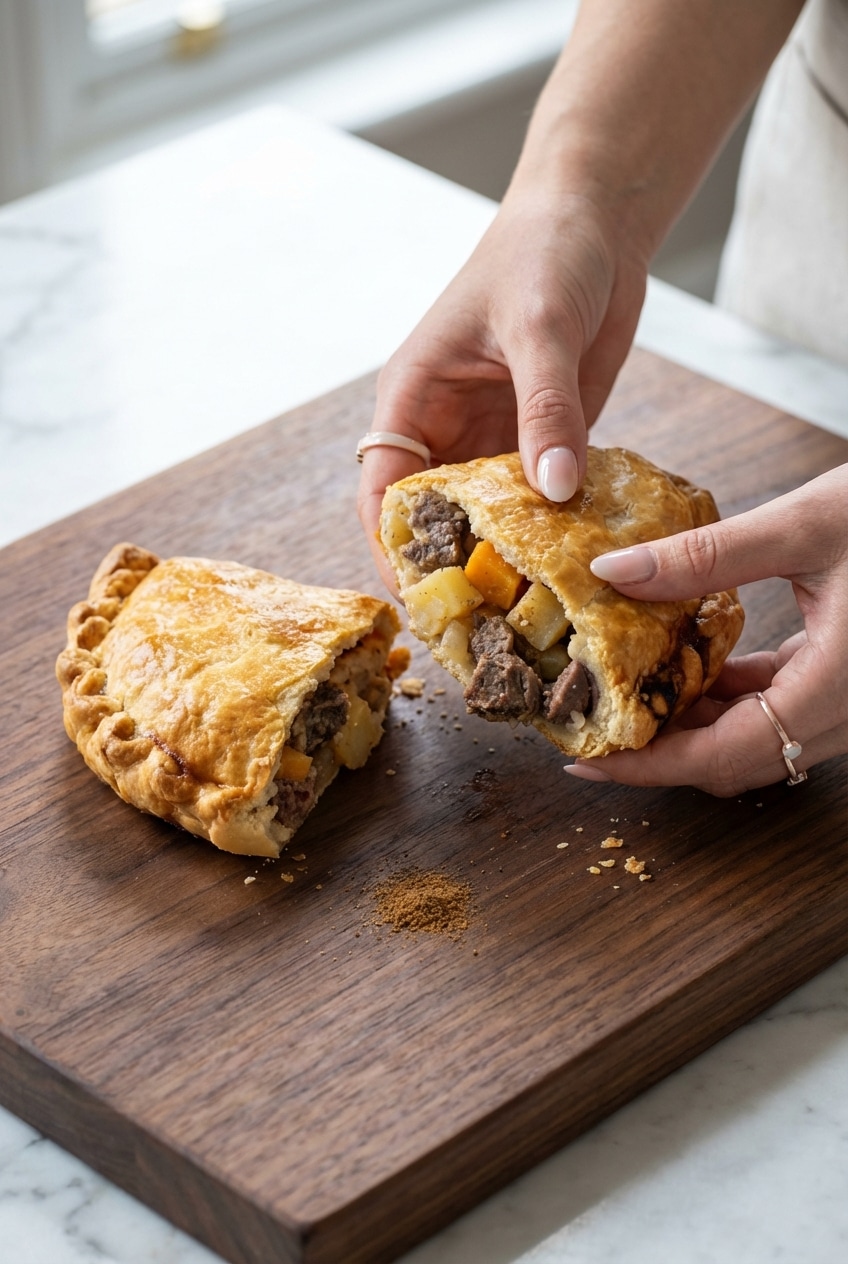 A satisfying Cornish Pasty served warm on a rustic plate, ready to be enjoyed for a comforting lunch or dinner.