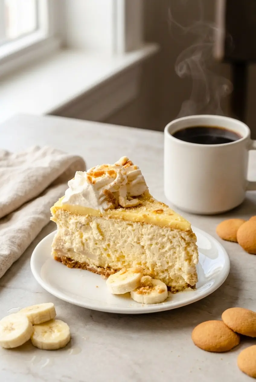 Slices of Banana Pudding Cheesecake plated for serving, showcasing the bright banana layers and whipped topping.