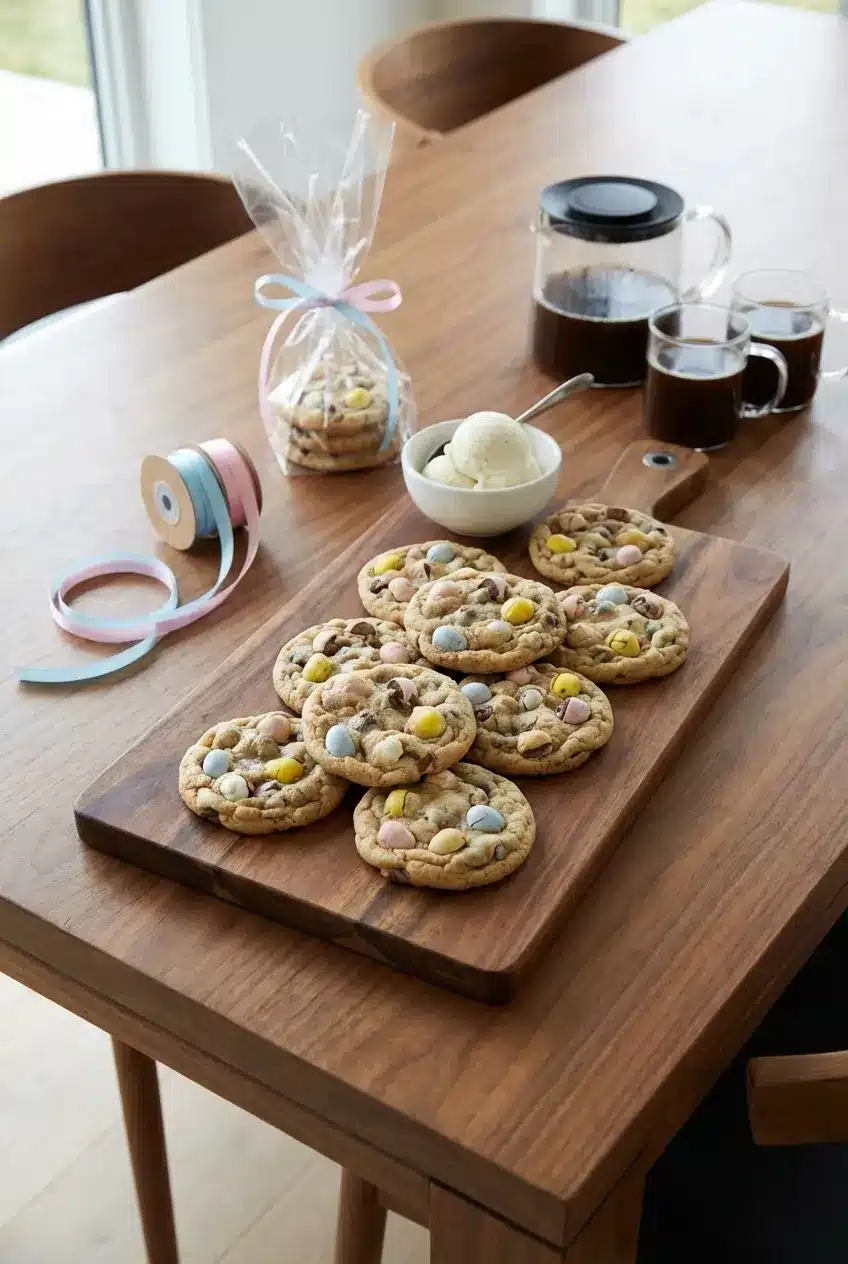 Cadbury Egg Cookies arranged on a serving plate, perfect for a festive spring dessert table.