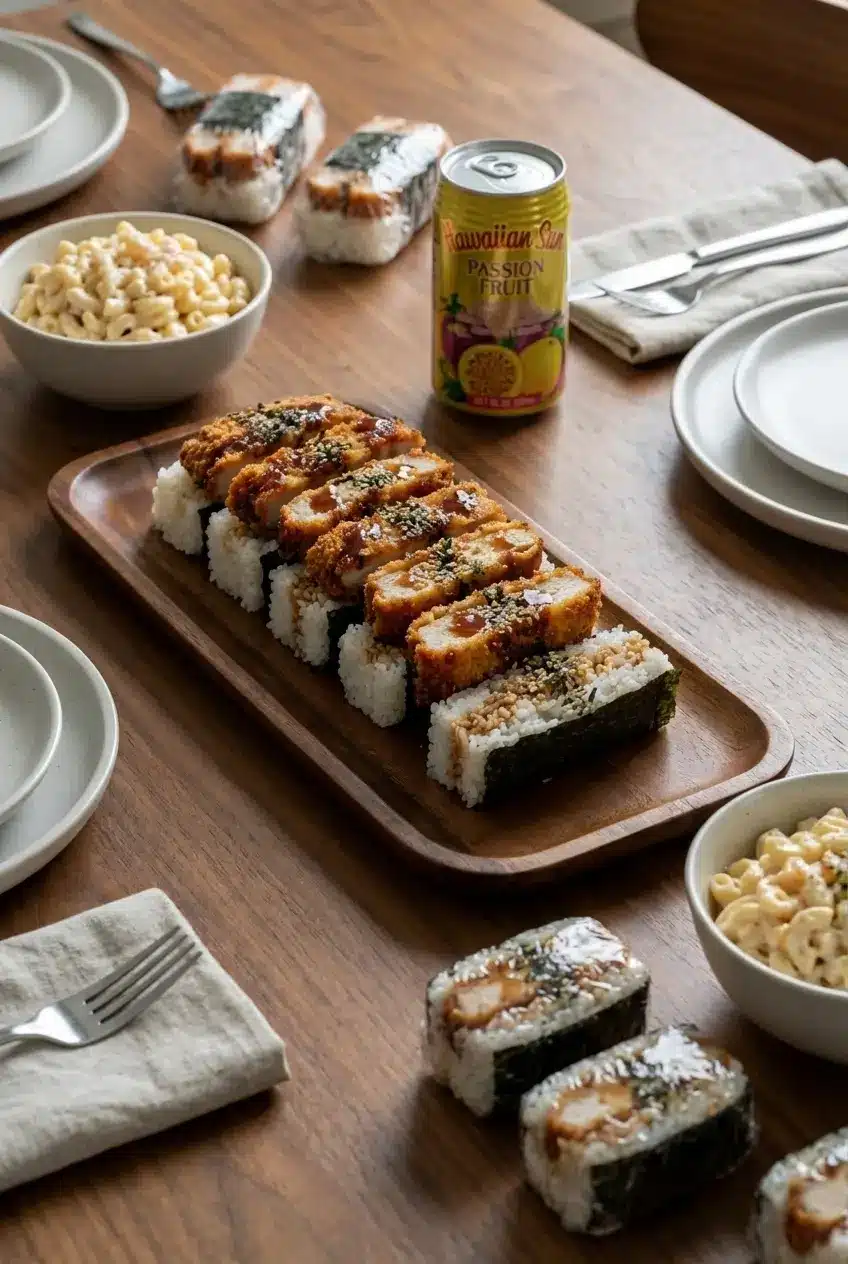 Stacked Chicken Katsu Musubi wrapped in nori seaweed, ready for serving as a quick meal or snack.