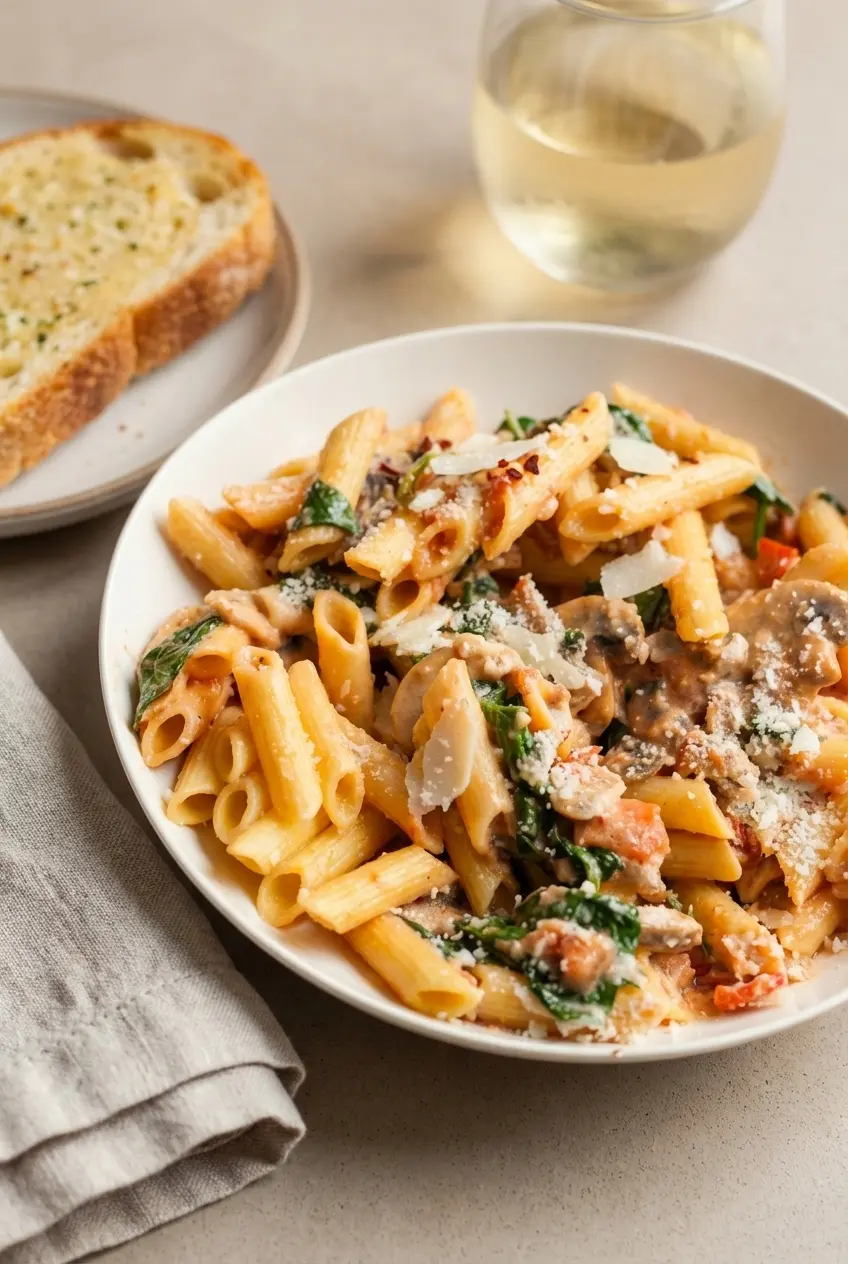 Two bowls of leftover penne rosa noodles topped with fresh Parmesan cheese and red pepper flakes ready to be eaten.