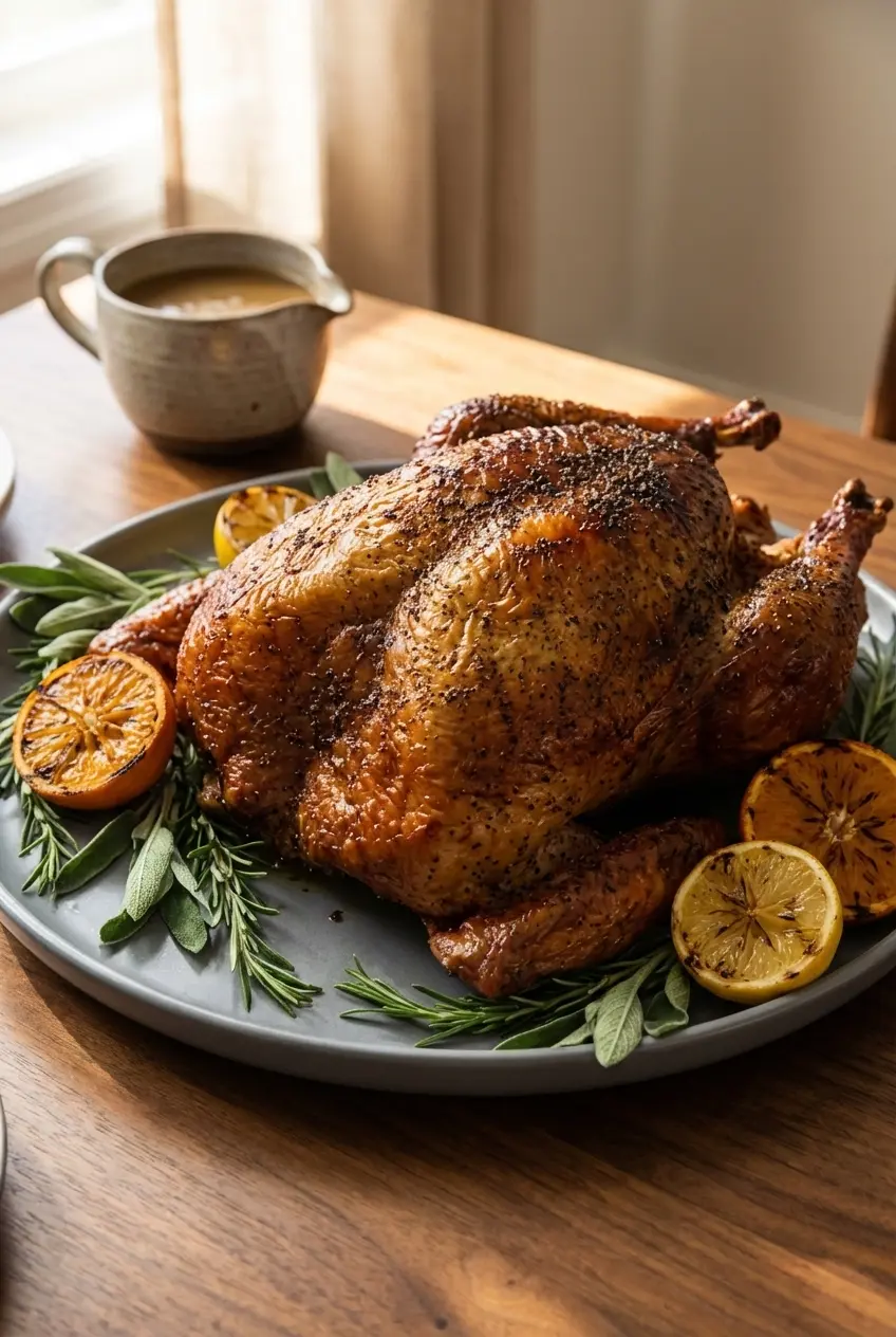 Platter of leftover smoked turkey slices arranged neatly for serving alongside classic holiday side dishes.