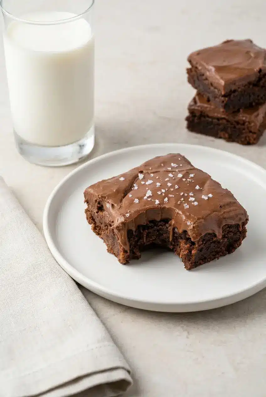 A plate of sliced Lunch Lady Brownies showing the thick layer of cooked icing and tender chocolate crumb.