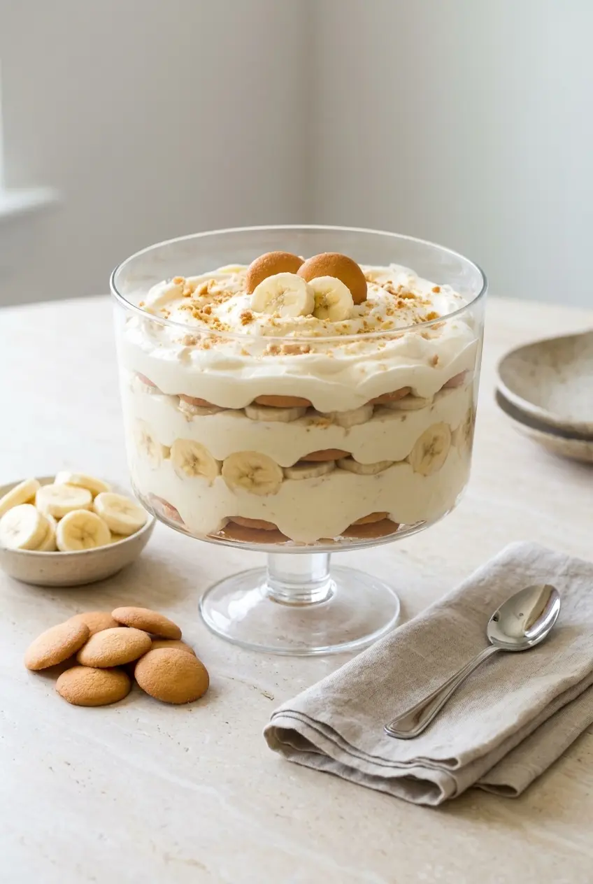 Individual servings of Magnolia Bakery’s Banana Pudding chilled in small glasses with toasted wafer garnishes.