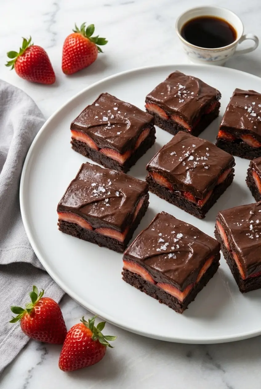 Chocolate Covered Strawberry Brownies plated and ready for serving as a festive Valentine's Day dessert.