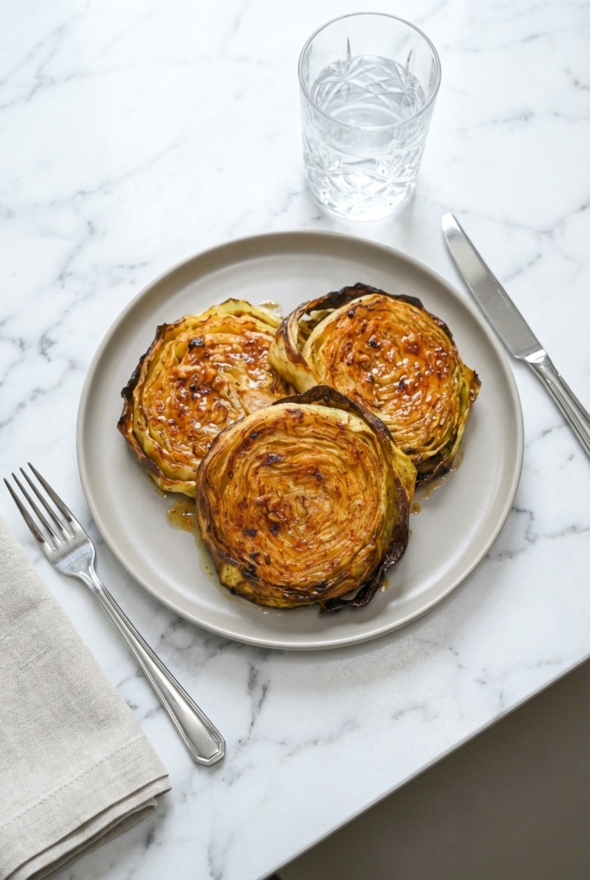 Plated sliced green cabbage layered on a serving platter next to a dinner plate for this roasted cabbage steaks recipe.