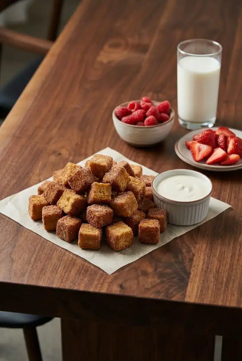 Platter of Angel Food Cake Churro Bites Recipe arranged for serving with a side of cream cheese frosting.