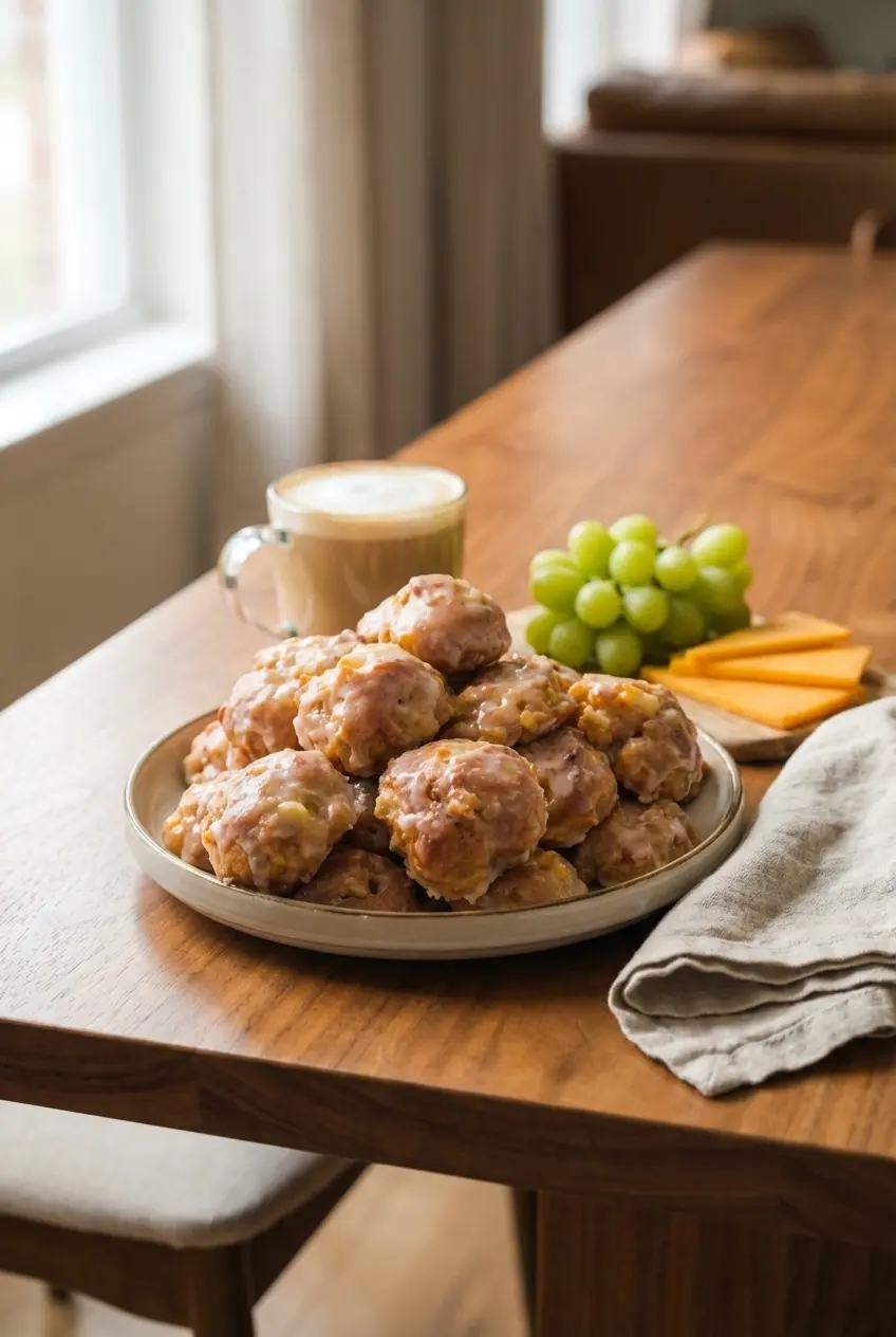A platter of Apple Fritter Bites served on a wooden table, ready for a cozy autumn brunch.
