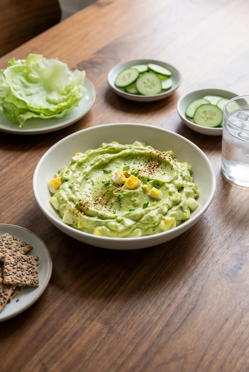 Avocado egg salad recipe served on low-carb bread slices, ideal for healthy meal prep lunches.