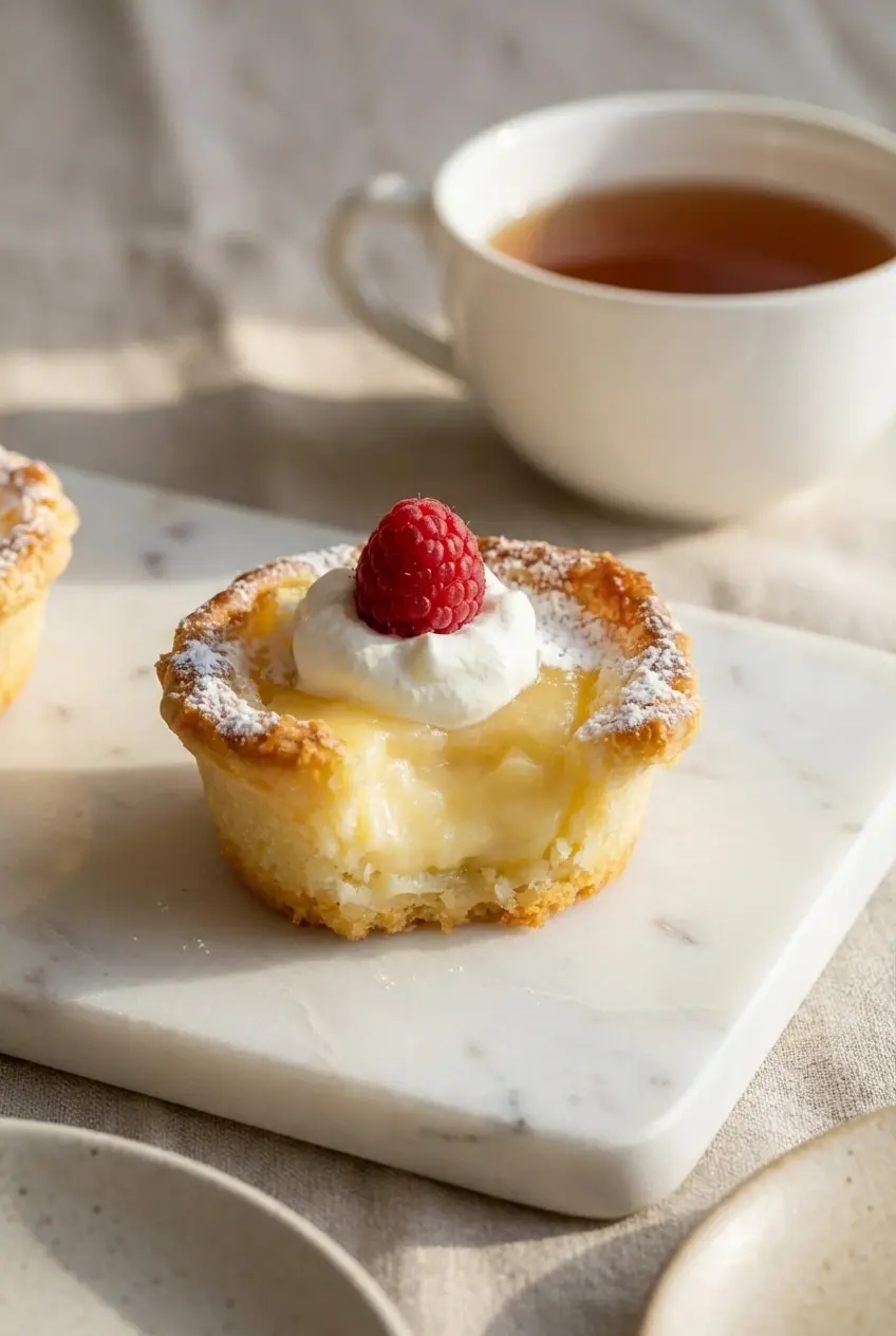 Freshly baked Baby Lemon Impossible Pies Recipe arranged on a cooling rack and plated on delicate saucers for afternoon tea.