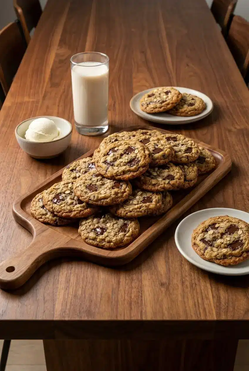 A stack of Banana Oatmeal Chocolate Chip Cookies resting on parchment paper after cooling.