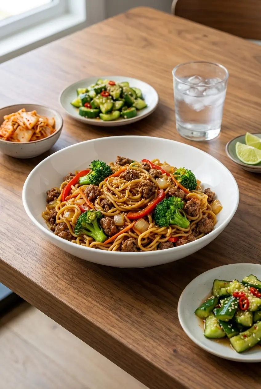 A steaming portion of beef and broccoli ramen stir fry served in a bowl with sesame oil garnish.