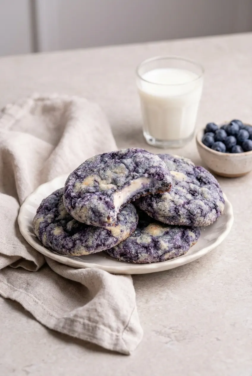 A plate of Blueberry Cheesecake Cookies ready for serving, showcasing the vibrant blueberry jam swirl.