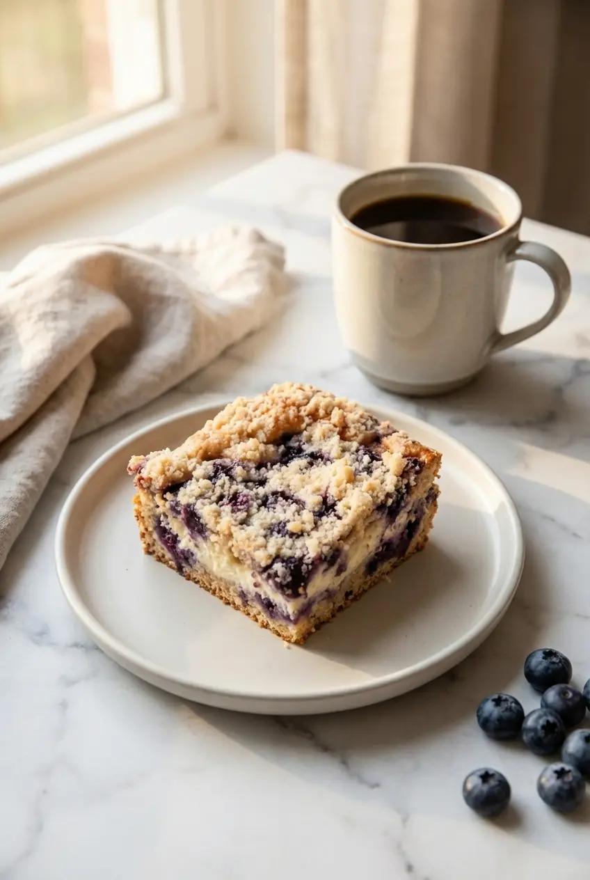 Slices of freshly baked Blueberry Cream Cheese Coffee Cake served on ceramic plates alongside a warm cup of coffee.