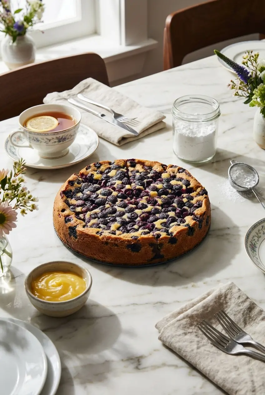 Slices of blueberry ricotta breakfast cake dusted with confectioners' sugar on a wooden board.