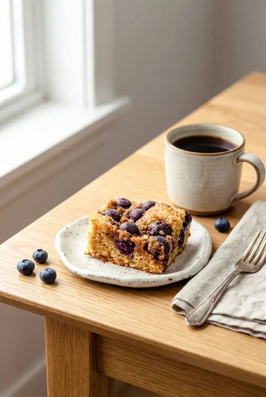 A whole blueberry sour cream coffee cake cooling on a wire rack next to dessert plates and coffee mugs.