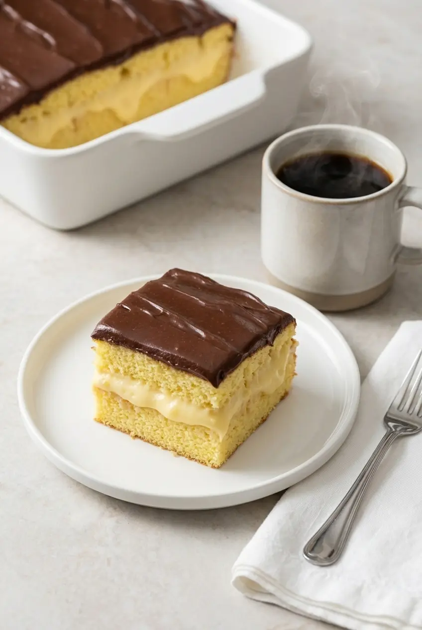 A chilled slice of Boston Cream Poke Cake ready to be served as a potluck dessert.