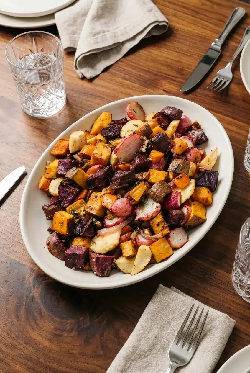 A warm, comforting bowl of maple roasted vegetables served on a rustic dining table ready for a meal.